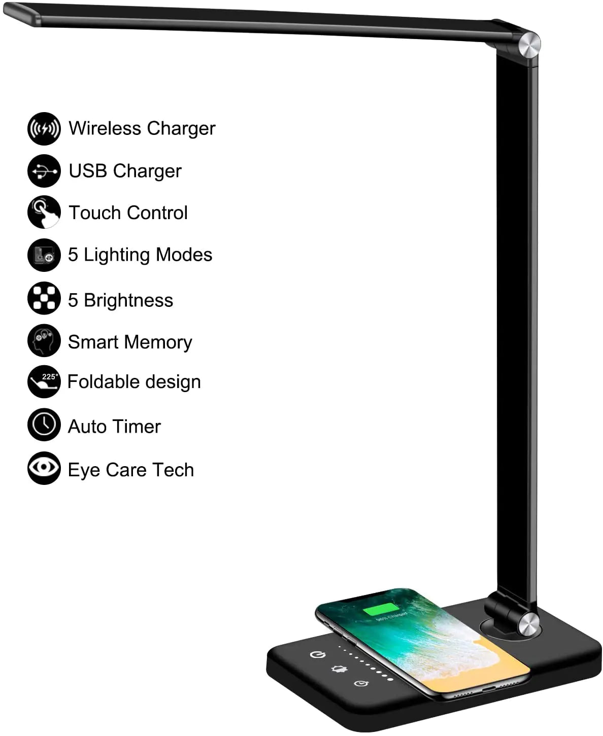 Ultra-Slim LED Desk Lamp with Wireless Phone Charger – 5 Light Modes + Touch Control