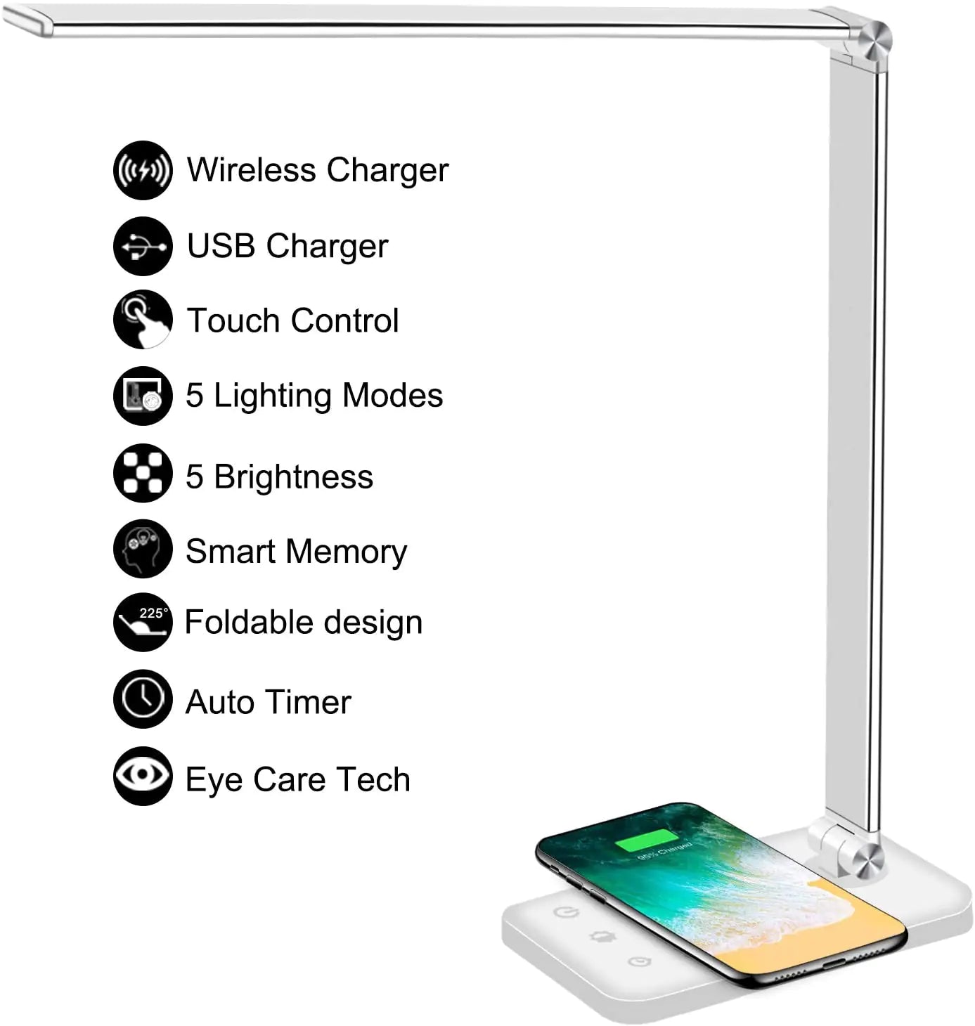 Ultra-Slim LED Desk Lamp with Wireless Phone Charger – 5 Light Modes + Touch Control