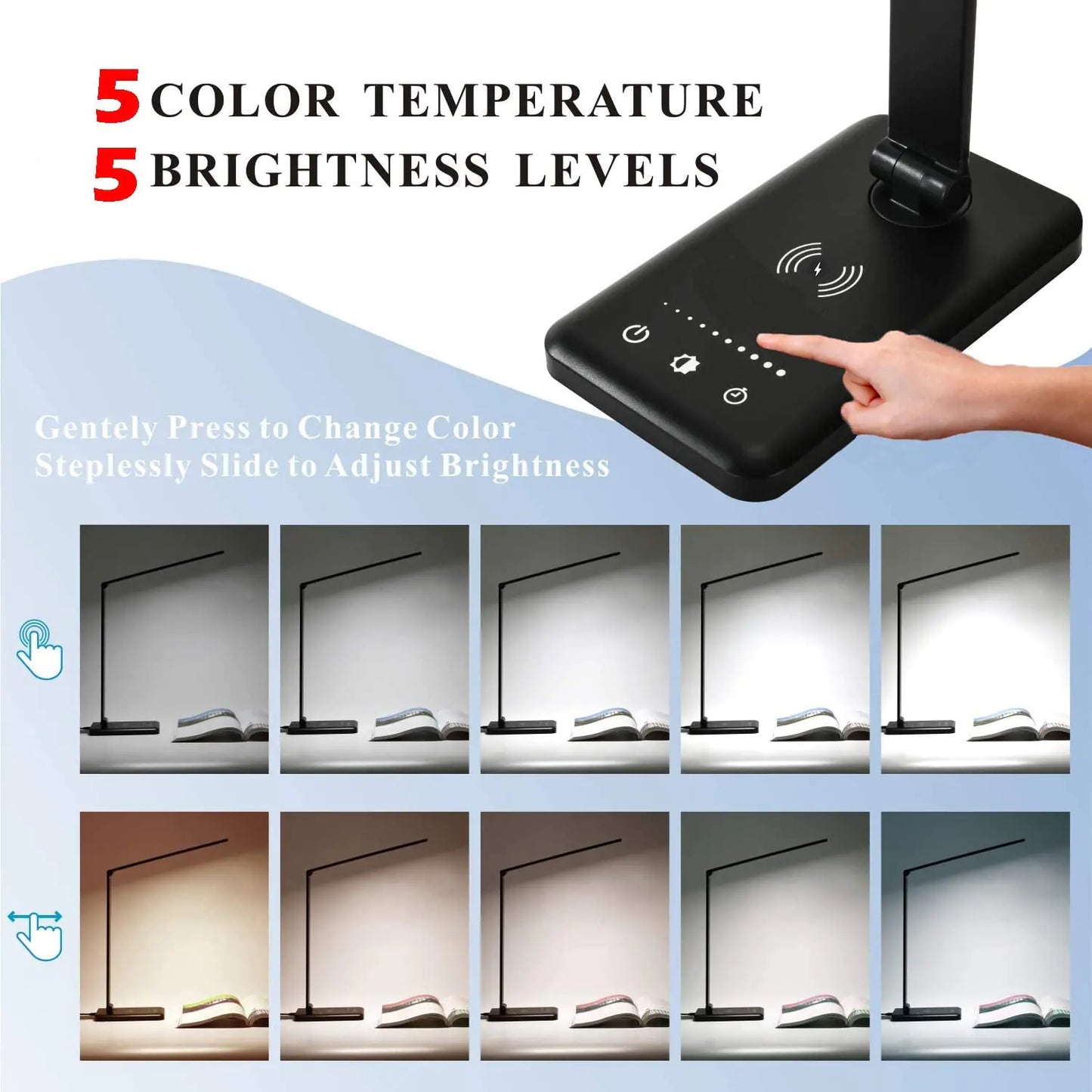 Ultra-Slim LED Desk Lamp with Wireless Phone Charger – 5 Light Modes + Touch Control